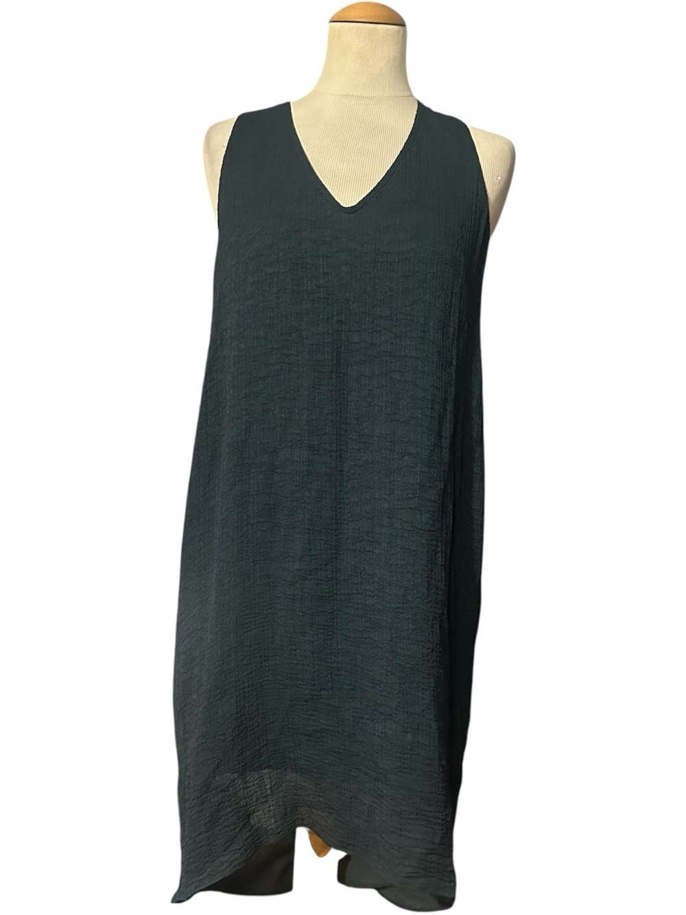 Helmut Lang Crinkly Sleeveless V-Neck Dress Dark Teal Green Size Small